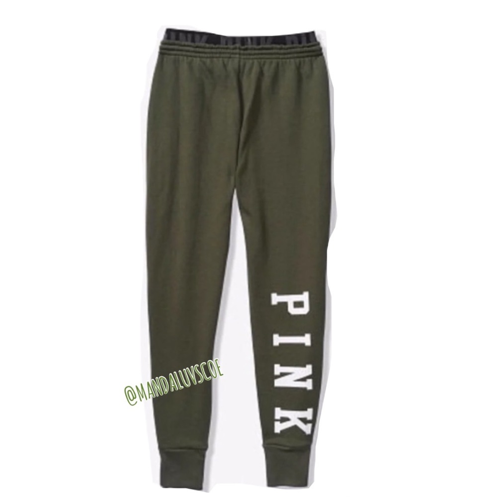 HTF 💗VS PINK HIGH WAIST OLIVE GREEN LOGO SKINNY JOGGERS - Picture 3 of 9